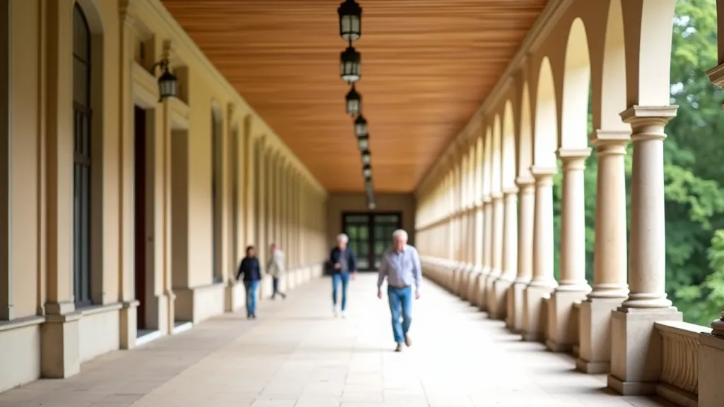 Kolonáda v Mariánských Lázních s klasickou architekturou a procházejícími seniory