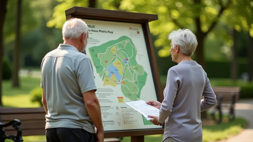 Informační deska v parku s mapou tras, senioři čtou informace, slunečný den v lázeňském parku